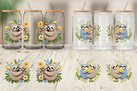 Glass Can Sloth Embroidery Sublimation artnoy 