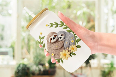 Glass Can Sloth Embroidery Sublimation artnoy 