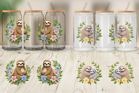 Glass Can Sloth Embroidery Sublimation artnoy 