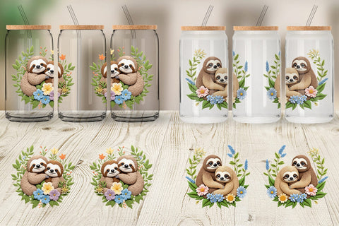 Glass Can Sloth Embroidery Sublimation artnoy 