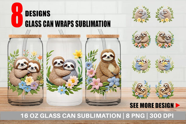 Glass Can Sloth Embroidery Sublimation artnoy 