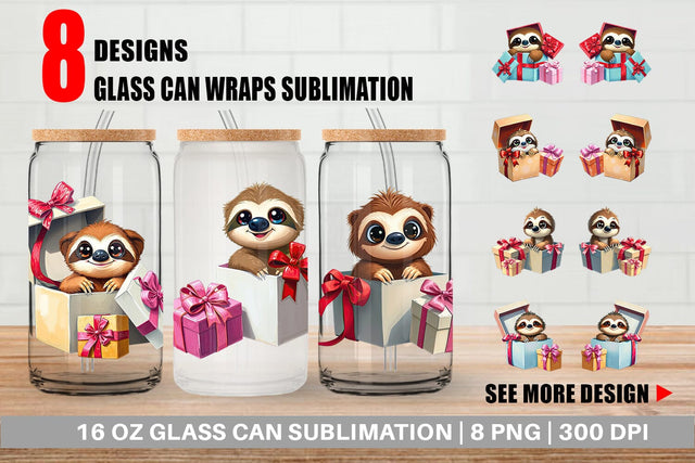 Glass Can Sloth Gift Sublimation artnoy 