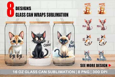 Glass Can Snarky Felines Watercolor Sublimation artnoy 