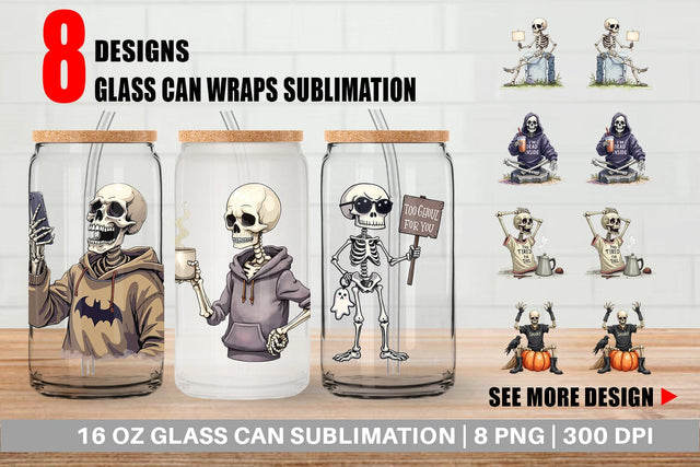 Glass Can Snarky Skeleton Sublimation artnoy 