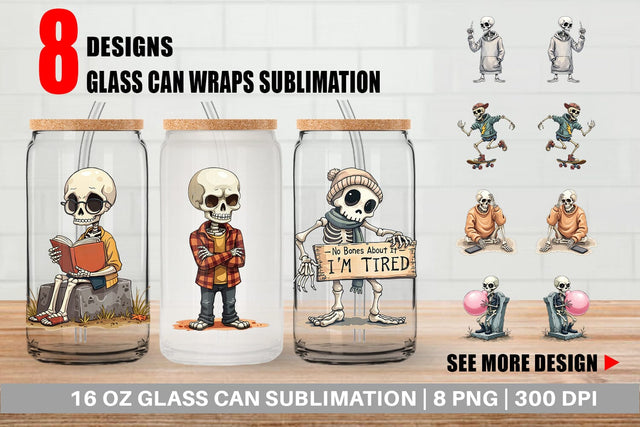 Glass Can Snarky Skeleton Sublimation artnoy 