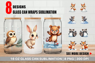 Glass Can Snowy Playtime Big-Eyed Forest Friends Sublimation artnoy 
