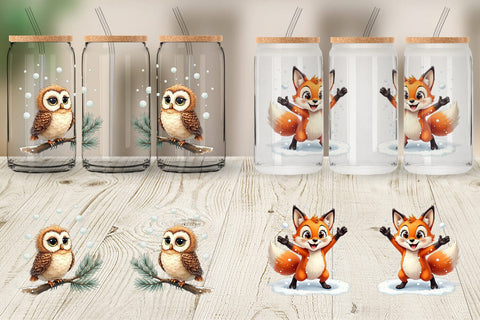 Glass Can Snowy Playtime Big-Eyed Forest Friends Sublimation artnoy 