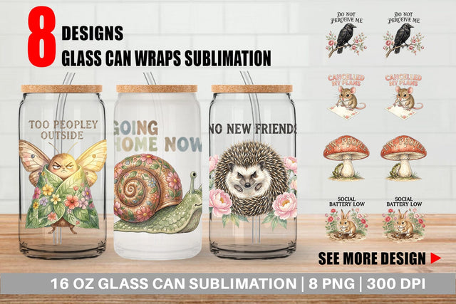 Glass Can Socially Exhausted Introvert Botanicals Sublimation artnoy 