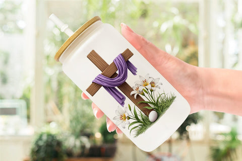 Glass Can Spiritual Easter Lilies and Crosses Watercolor Sublimation artnoy 