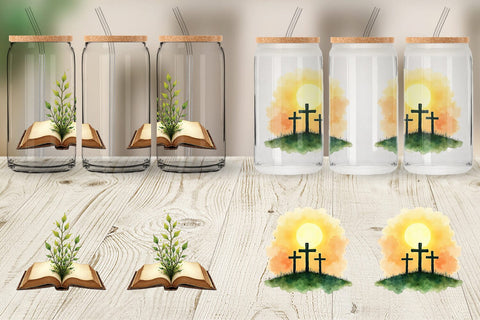 Glass Can Spiritual Easter Lilies and Crosses Watercolor Sublimation artnoy 
