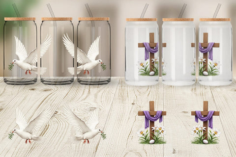 Glass Can Spiritual Easter Lilies and Crosses Watercolor Sublimation artnoy 