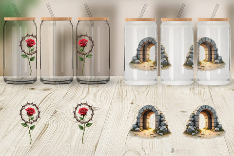 Glass Can Spiritual Easter Lilies and Crosses Watercolor Sublimation artnoy 
