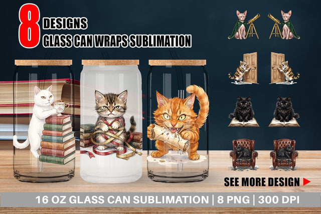 Glass Can Spiteful Cat Dark Academia Watercolor Sublimation artnoy 