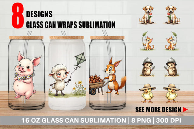 Glass Can Springtime Shenanigans Playful Animal Antics Sublimation artnoy 
