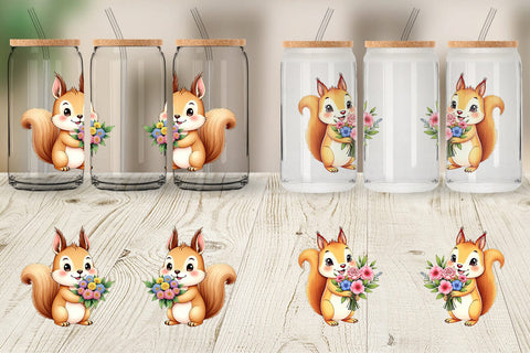 Glass Can Squirrel Spring Bouquet Sublimation artnoy 