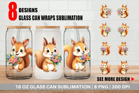 Glass Can Squirrel Spring Bouquet Sublimation artnoy 