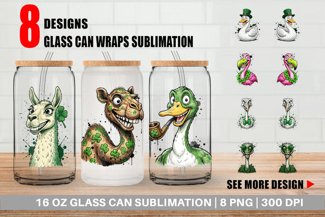 Glass Can St Paddys Animal Caricature Sublimation artnoy 