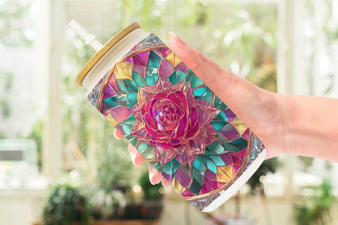 Glass Can Stained Glass Rose Flower Sublimation artnoy 