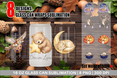 Glass Can Starry Night Sleepy Woodland Animals Sublimation artnoy 