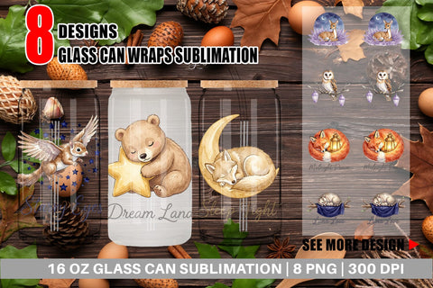 Glass Can Starry Night Sleepy Woodland Animals Sublimation artnoy 
