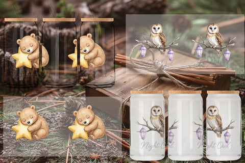 Glass Can Starry Night Sleepy Woodland Animals Sublimation artnoy 