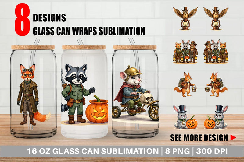 Glass Can Steampunk Halloween Animals Sublimation artnoy 
