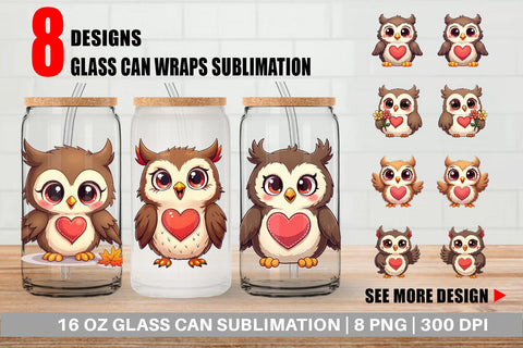 Glass Can Stitched Owl Poses Sublimation artnoy 