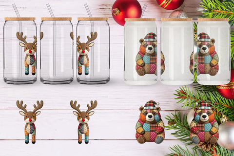 Glass Can Stitched Woodland Animal Patchwork Sublimation artnoy 