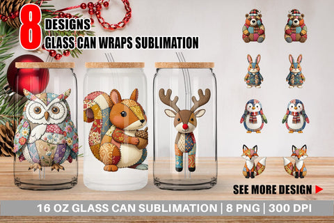 Glass Can Stitched Woodland Animal Patchwork Sublimation artnoy 