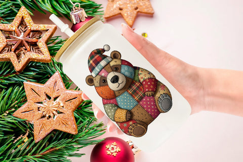 Glass Can Stitched Woodland Animal Patchwork Sublimation artnoy 