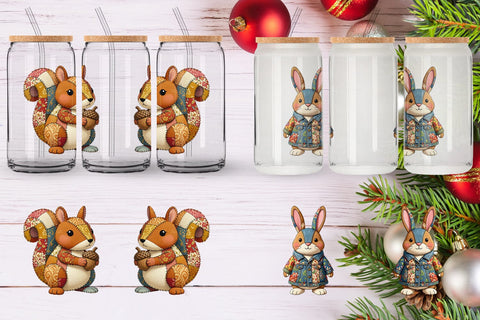Glass Can Stitched Woodland Animal Patchwork Sublimation artnoy 