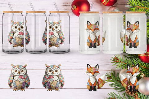 Glass Can Stitched Woodland Animal Patchwork Sublimation artnoy 