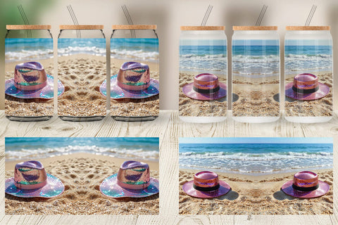 Glass Can Straw Hats on Sand Beach Sublimation artnoy 
