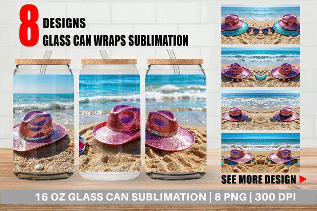 Glass Can Straw Hats on Sand Beach Sublimation artnoy 