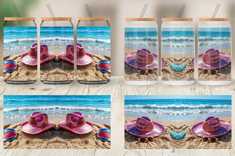 Glass Can Straw Hats on Sand Beach Sublimation artnoy 