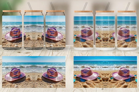 Glass Can Straw Hats on Sand Beach Sublimation artnoy 