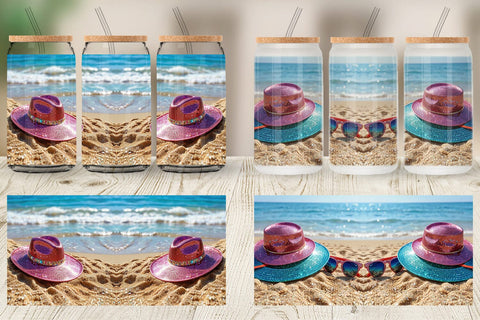 Glass Can Straw Hats on Sand Beach Sublimation artnoy 