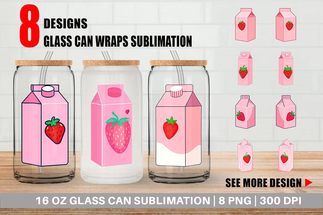 Glass Can Strawberry Milk Carton Sublimation artnoy 