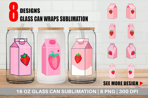 Glass Can Strawberry Milk Carton Sublimation artnoy 