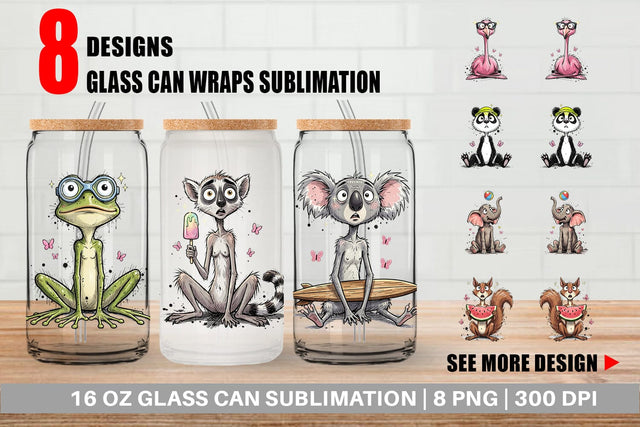 Glass Can Summer Animal Sketch Party Sublimation artnoy 
