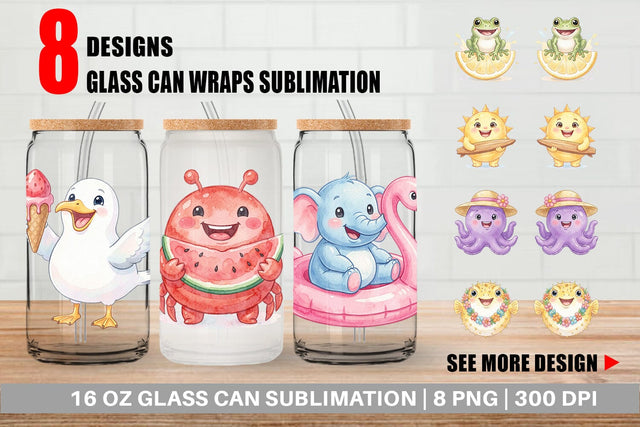 Glass Can Summer Animals Watercolor Sublimation artnoy 