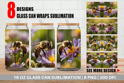 Glass Can Summer Beautiful Honey bee Sublimation artnoy 