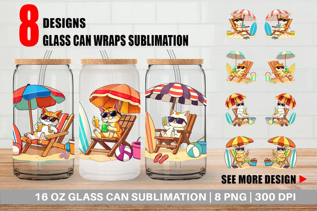 Glass Can Summer Cat Sublimation artnoy 