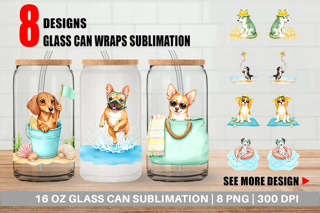 Glass Can Summer Dog Watercolor Sublimation artnoy 