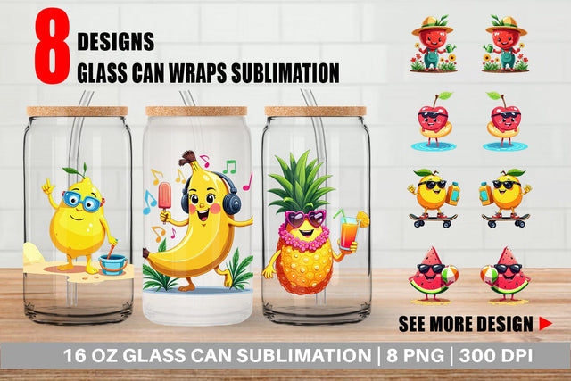 Glass Can Summer Fruit Faces Sublimation artnoy 