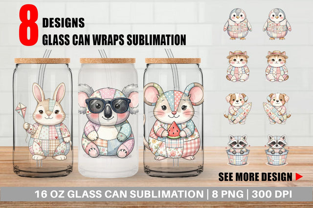 Glass Can Summer Fun Patchwork Animal Sublimation artnoy 