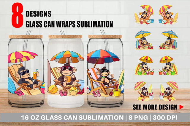 Glass Can Summer Monkey Sublimation artnoy 