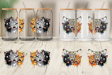 Glass Can Summer Night Panic Cats Watercolor Sublimation artnoy 
