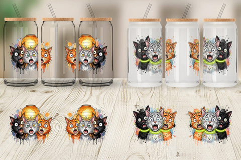 Glass Can Summer Night Panic Cats Watercolor Sublimation artnoy 
