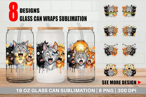 Glass Can Summer Night Panic Cats Watercolor Sublimation artnoy 